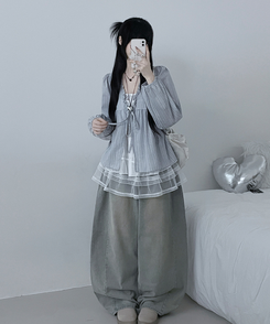 ストライプリボンレイヤードブラウス SKY BLUE