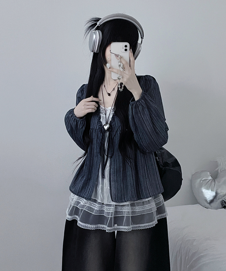 시호스트라이프리본프릴레이어드긴팔블라우스세트 네이비