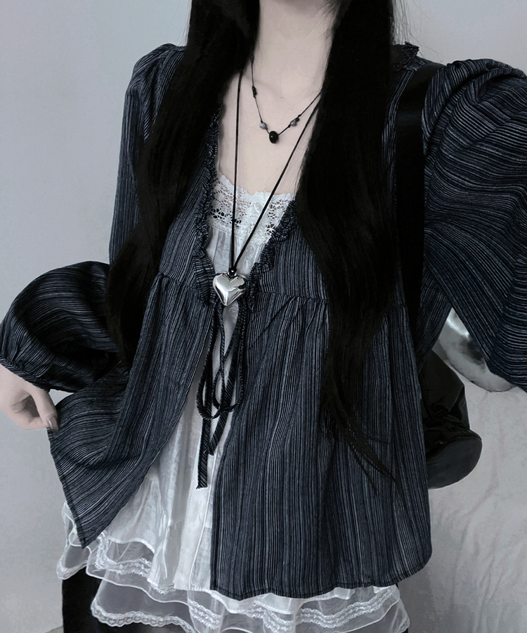 시호스트라이프리본프릴레이어드긴팔블라우스세트 네이비