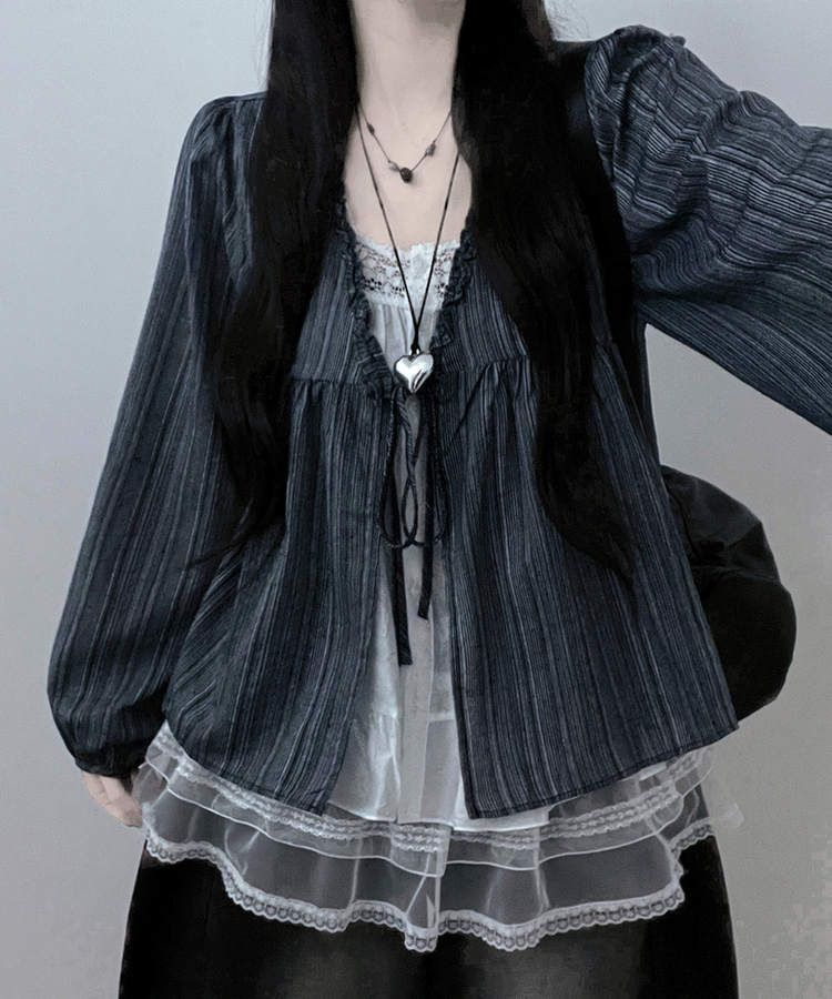 시호스트라이프리본프릴레이어드긴팔블라우스세트 네이비