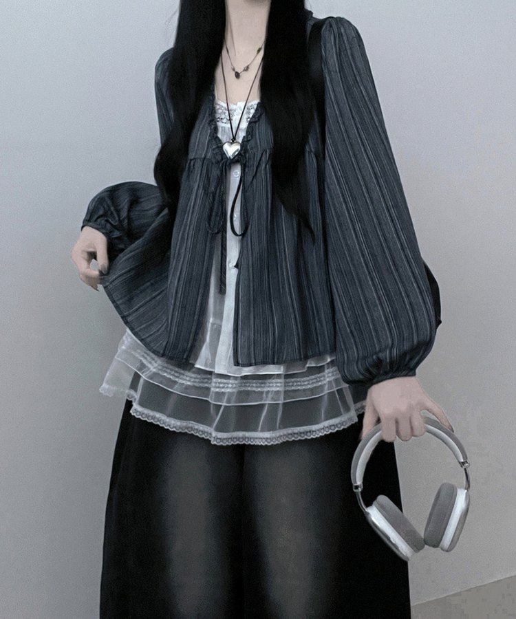 시호스트라이프리본프릴레이어드긴팔블라우스세트 네이비