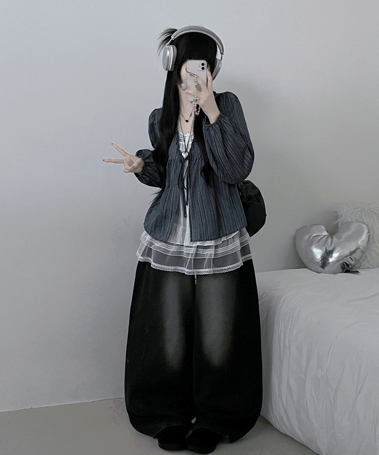 시호스트라이프리본프릴레이어드긴팔블라우스세트 네이비