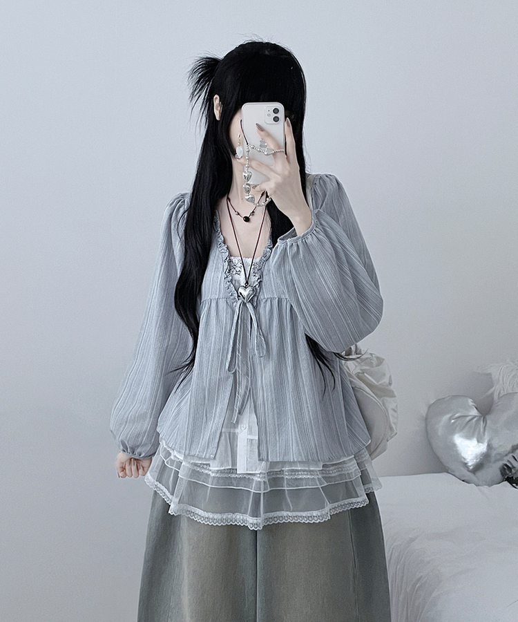 시호스트라이프리본프릴레이어드긴팔블라우스세트 소라