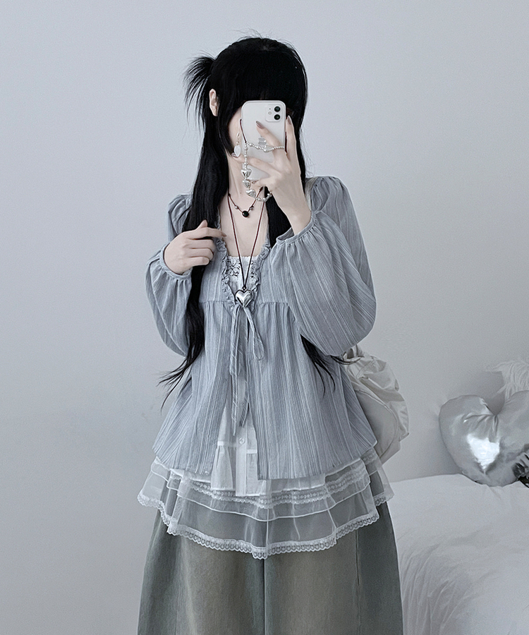 시호스트라이프리본프릴레이어드긴팔블라우스세트 소라