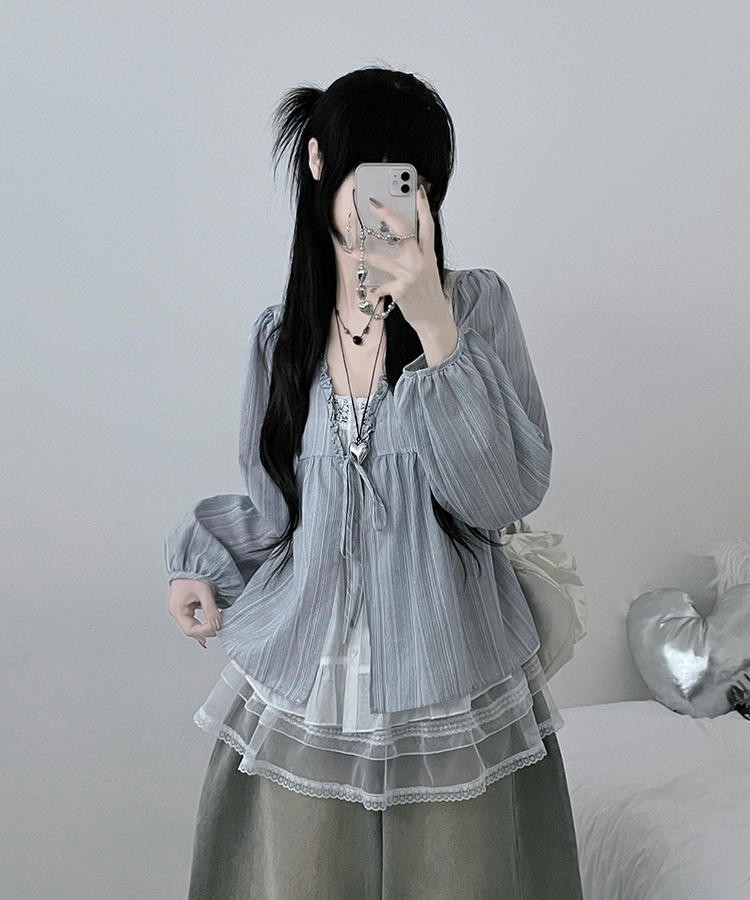 시호스트라이프리본프릴레이어드긴팔블라우스세트 소라