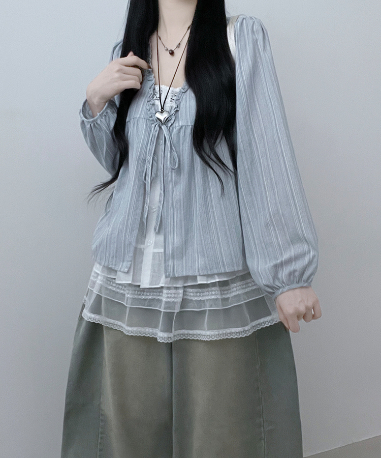 시호스트라이프리본프릴레이어드긴팔블라우스세트 소라