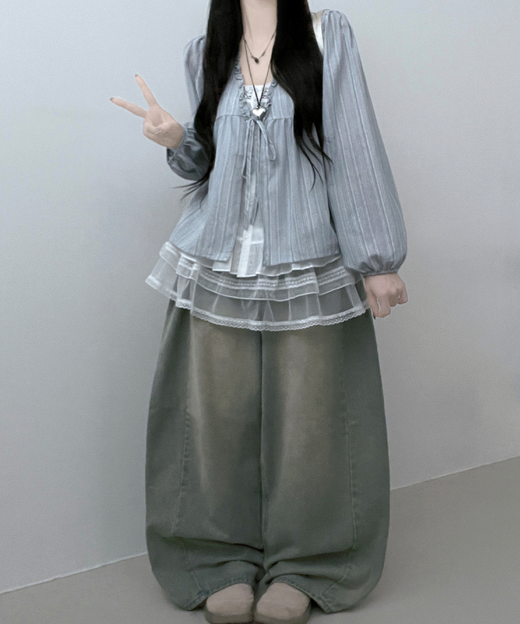 시호스트라이프리본프릴레이어드긴팔블라우스세트 소라