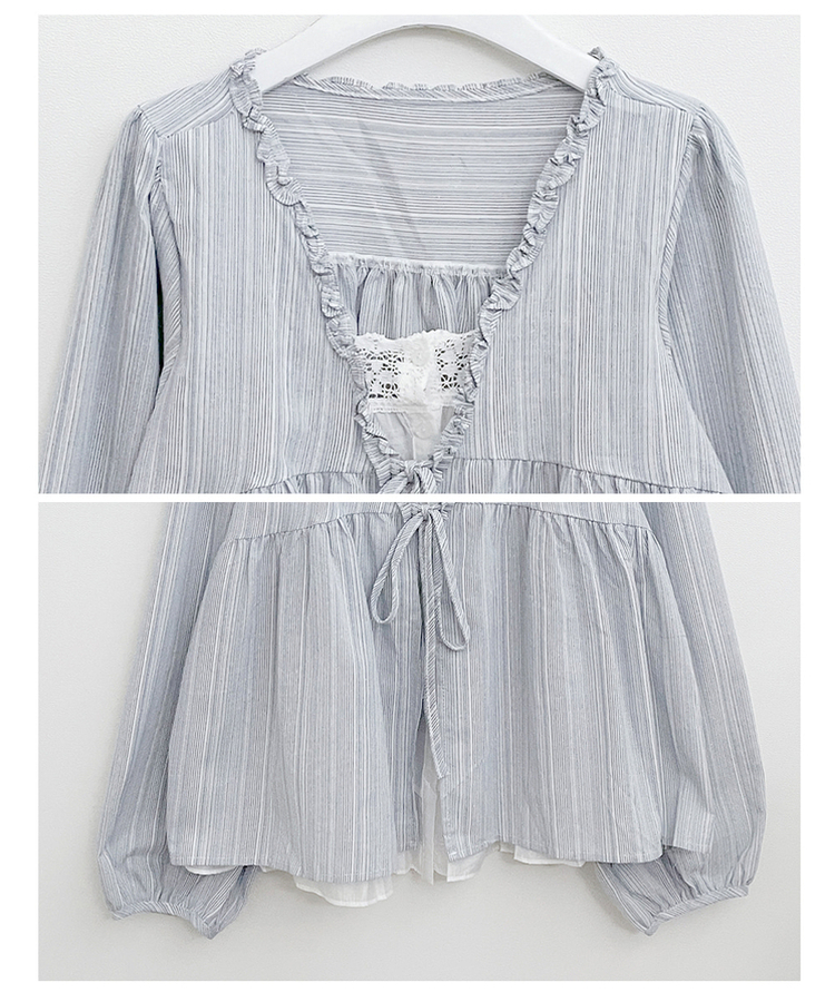 시호스트라이프리본프릴레이어드긴팔블라우스세트