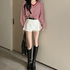 ボーダーVネックニット RED