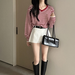 ボーダーVネックニット RED