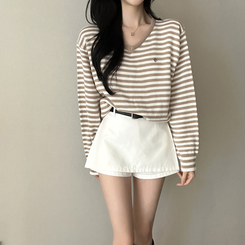 ボーダーVネックニット BEIGE