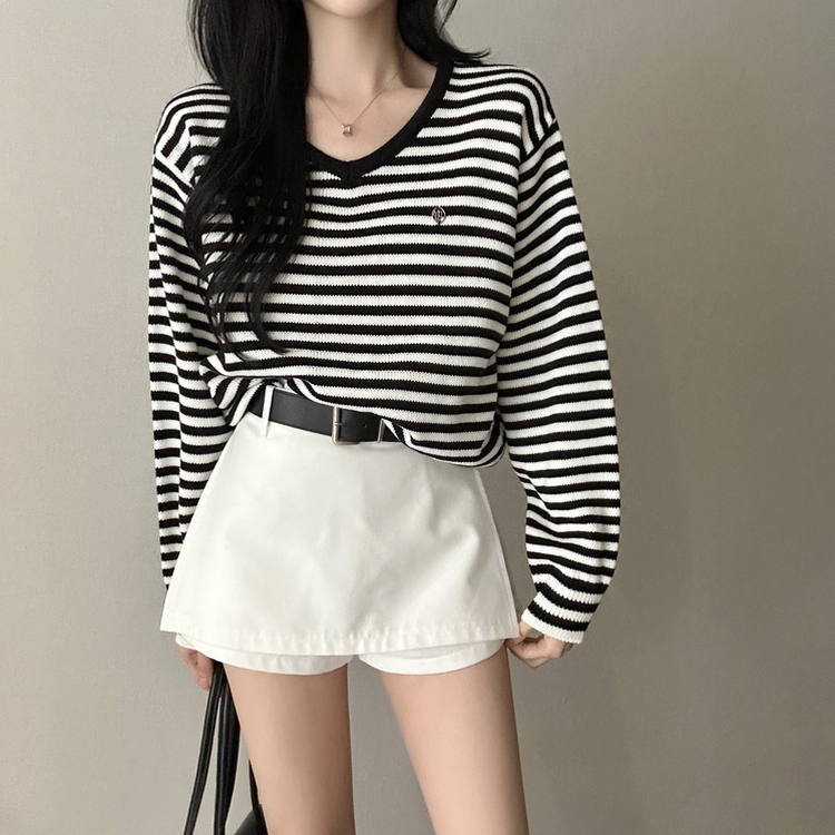 ボーダーVネックニット BLACK