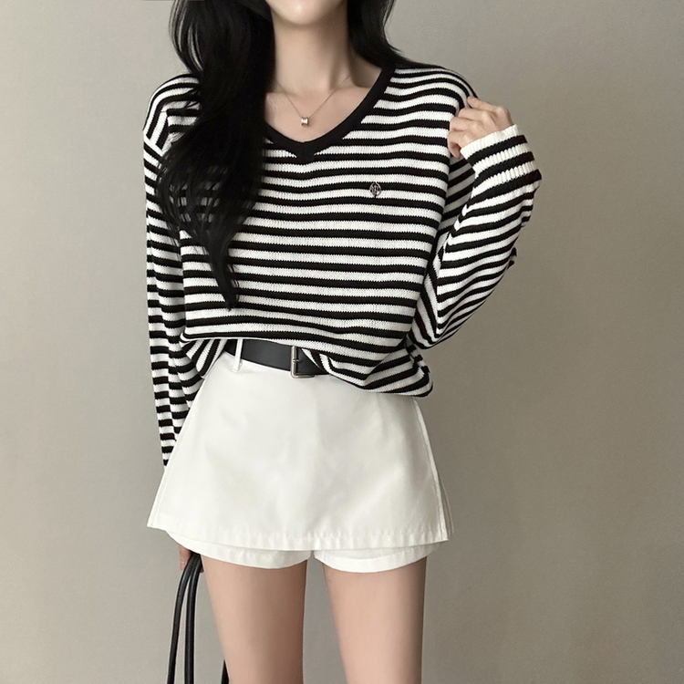 ボーダーVネックニット BLACK