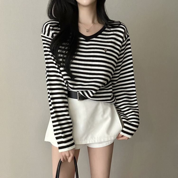 ボーダーVネックニット BLACK