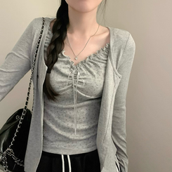 리지 플라워 잔꽃 패턴 긴팔 가디건 그레이