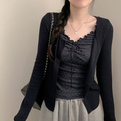 리지 플라워 잔꽃 패턴 긴팔 가디건 곤색