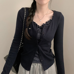 리지 플라워 잔꽃 패턴 긴팔 가디건 곤색