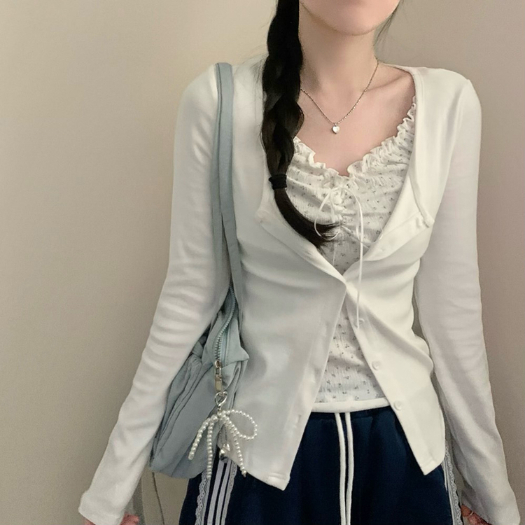 리지 플라워 잔꽃 패턴 긴팔 가디건 아이보리