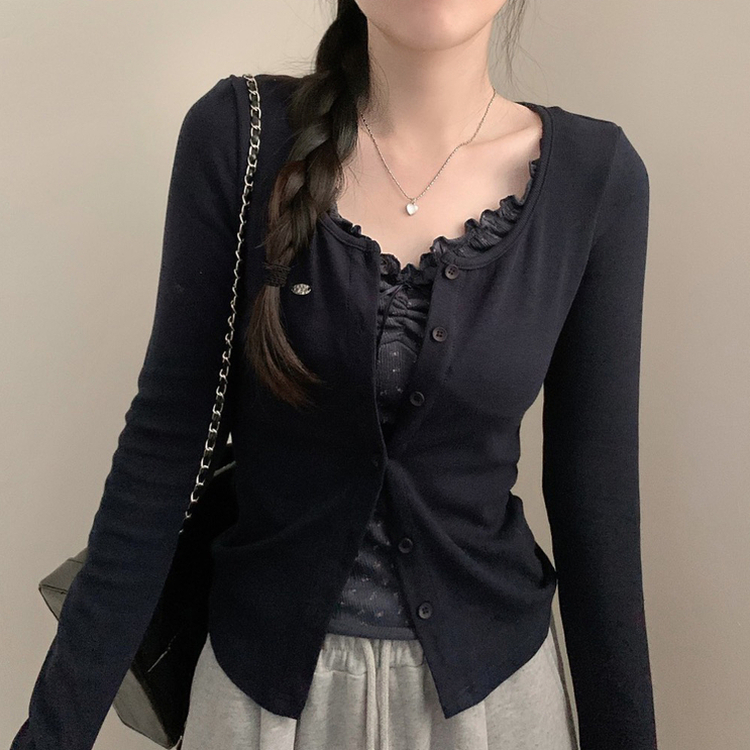 리지 플라워 잔꽃 패턴 긴팔 가디건 곤색