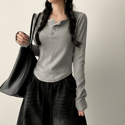 ラウンドボタン長袖Tシャツ(7color) GREY