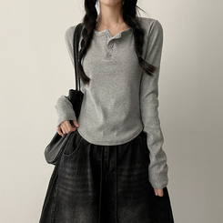 ラウンドボタン長袖Tシャツ(7color) GREY
