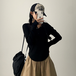 ラウンドボタン長袖Tシャツ(7color) BLACK