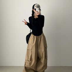 ラウンドボタン長袖Tシャツ(7color) BLACK