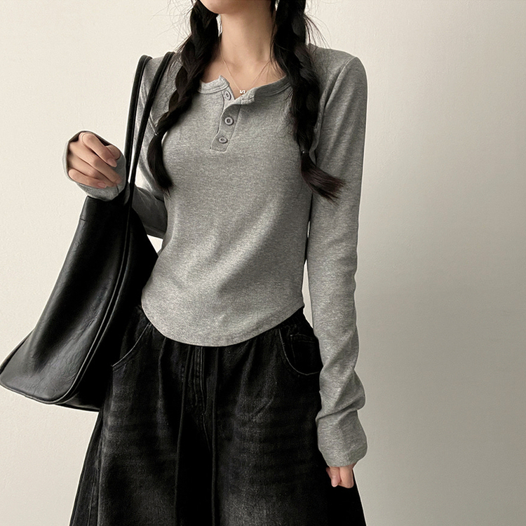 ラウンドボタン長袖Tシャツ(7color) GREY