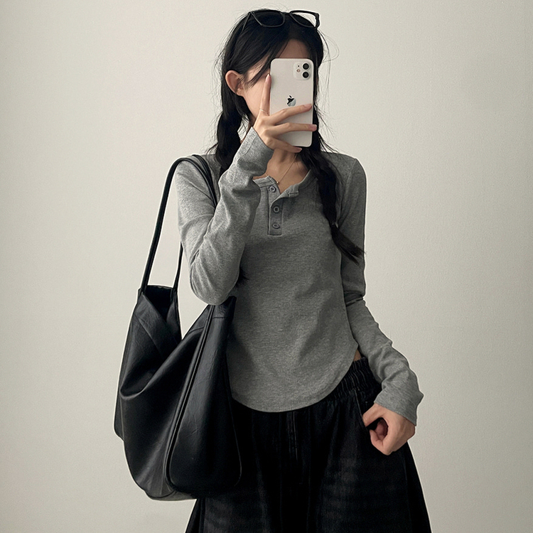 ラウンドボタン長袖Tシャツ(7color) GREY