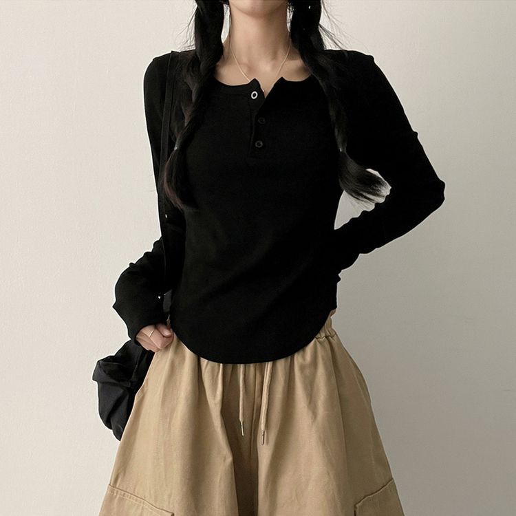 ラウンドボタン長袖Tシャツ(7color) BLACK