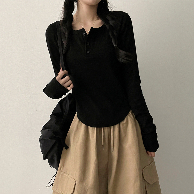 ラウンドボタン長袖Tシャツ(7color) BLACK