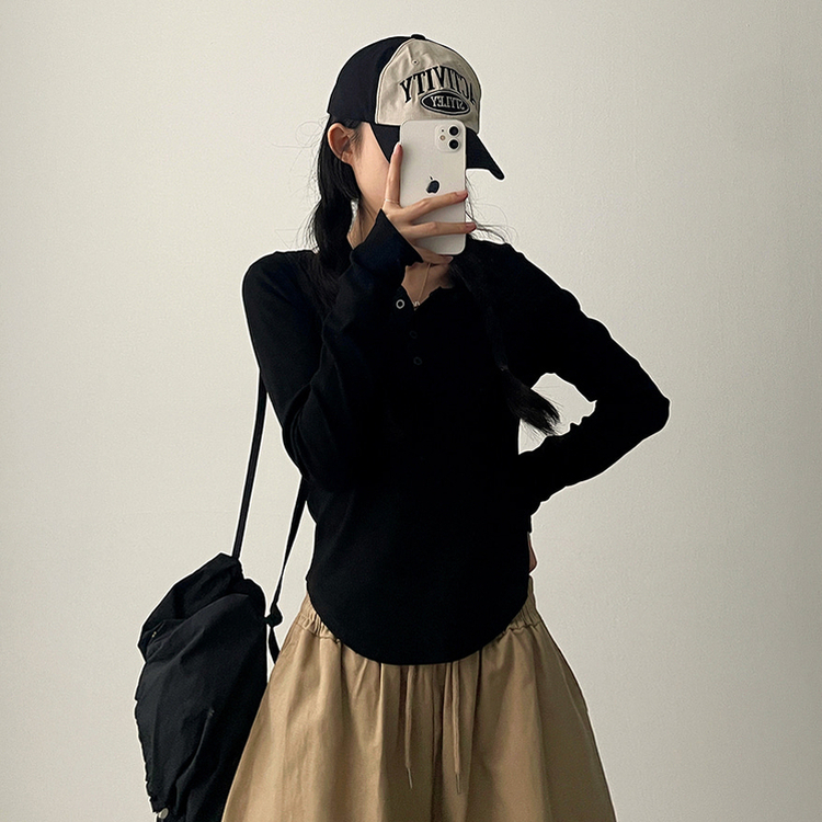 ラウンドボタン長袖Tシャツ(7color) BLACK