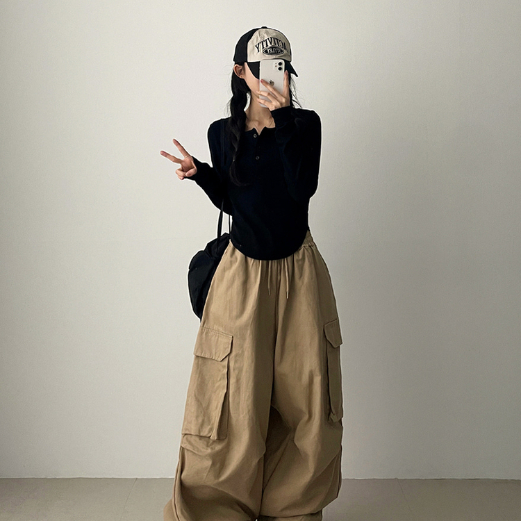 ラウンドボタン長袖Tシャツ(7color) BLACK