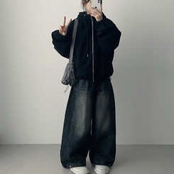 【丈別】]サイドピンタックスナップデニムワイドパンツ(6color) GRAYISH BLUE