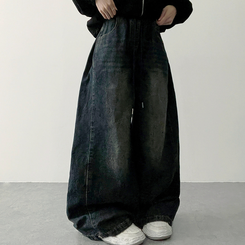 【丈別】]サイドピンタックスナップデニムワイドパンツ(6color) GRAYISH BLUE