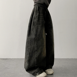 【丈別】]サイドピンタックスナップデニムワイドパンツ(6color) VINTAGE BLACK