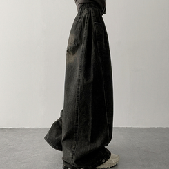 【丈別】]サイドピンタックスナップデニムワイドパンツ(6color) VINTAGE BLACK