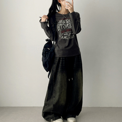 【丈別】]サイドピンタックスナップデニムワイドパンツ(6color) VINTAGE BLACK