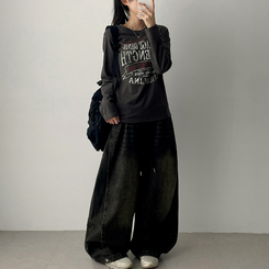 【丈別】]サイドピンタックスナップデニムワイドパンツ(6color) VINTAGE BLACK