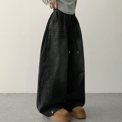 【丈別】]サイドピンタックスナップデニムワイドパンツ(6color) BLACK