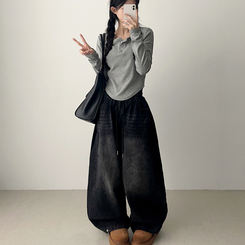 【丈別】]サイドピンタックスナップデニムワイドパンツ(6color) BLACK