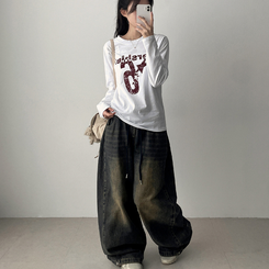 【丈別】]サイドピンタックスナップデニムワイドパンツ(6color) VINTAGE BLUE