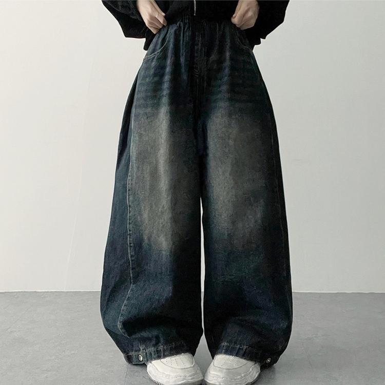 【丈別】]サイドピンタックスナップデニムワイドパンツ(6color) GRAYISH BLUE