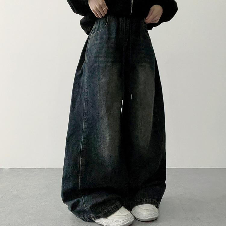 【丈別】]サイドピンタックスナップデニムワイドパンツ(6color) GRAYISH BLUE