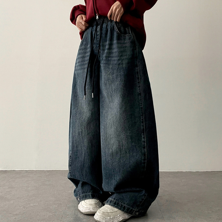 【丈別】]サイドピンタックスナップデニムワイドパンツ(6color) MID DENIM