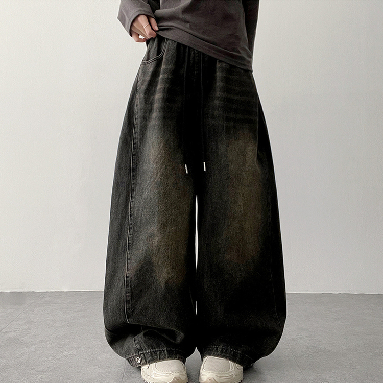 【丈別】]サイドピンタックスナップデニムワイドパンツ(6color) VINTAGE BLACK