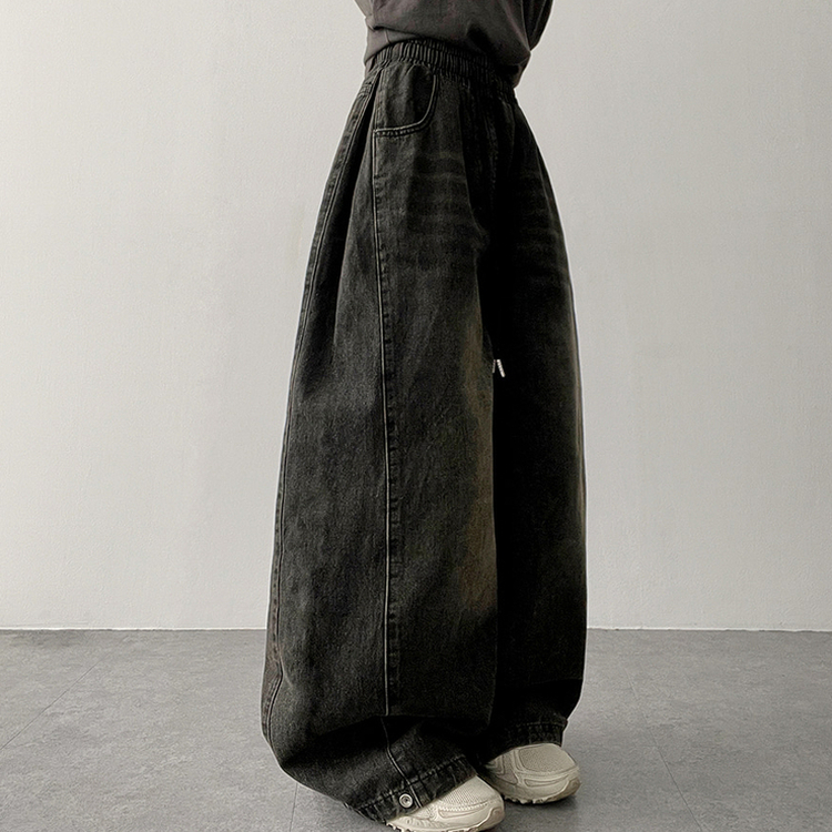 【丈別】]サイドピンタックスナップデニムワイドパンツ(6color) VINTAGE BLACK