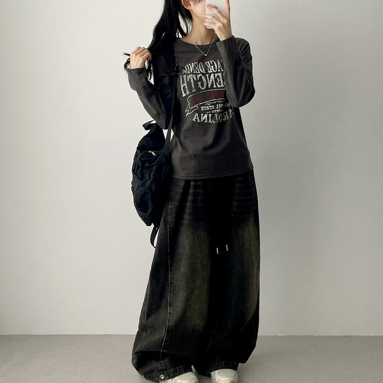 【丈別】]サイドピンタックスナップデニムワイドパンツ(6color) VINTAGE BLACK