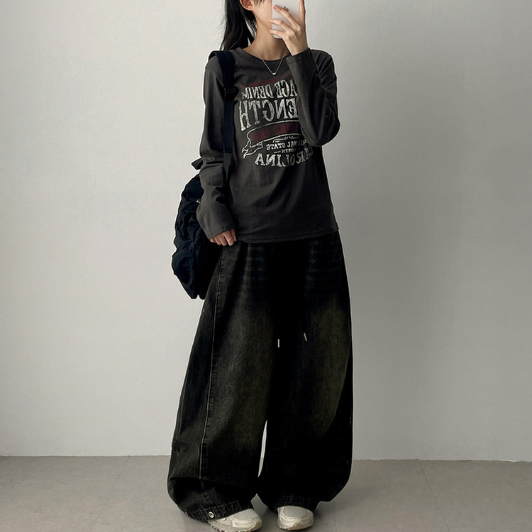 【丈別】]サイドピンタックスナップデニムワイドパンツ(6color) VINTAGE BLACK