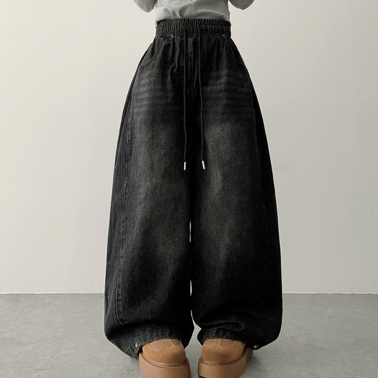 【丈別】]サイドピンタックスナップデニムワイドパンツ(6color) BLACK